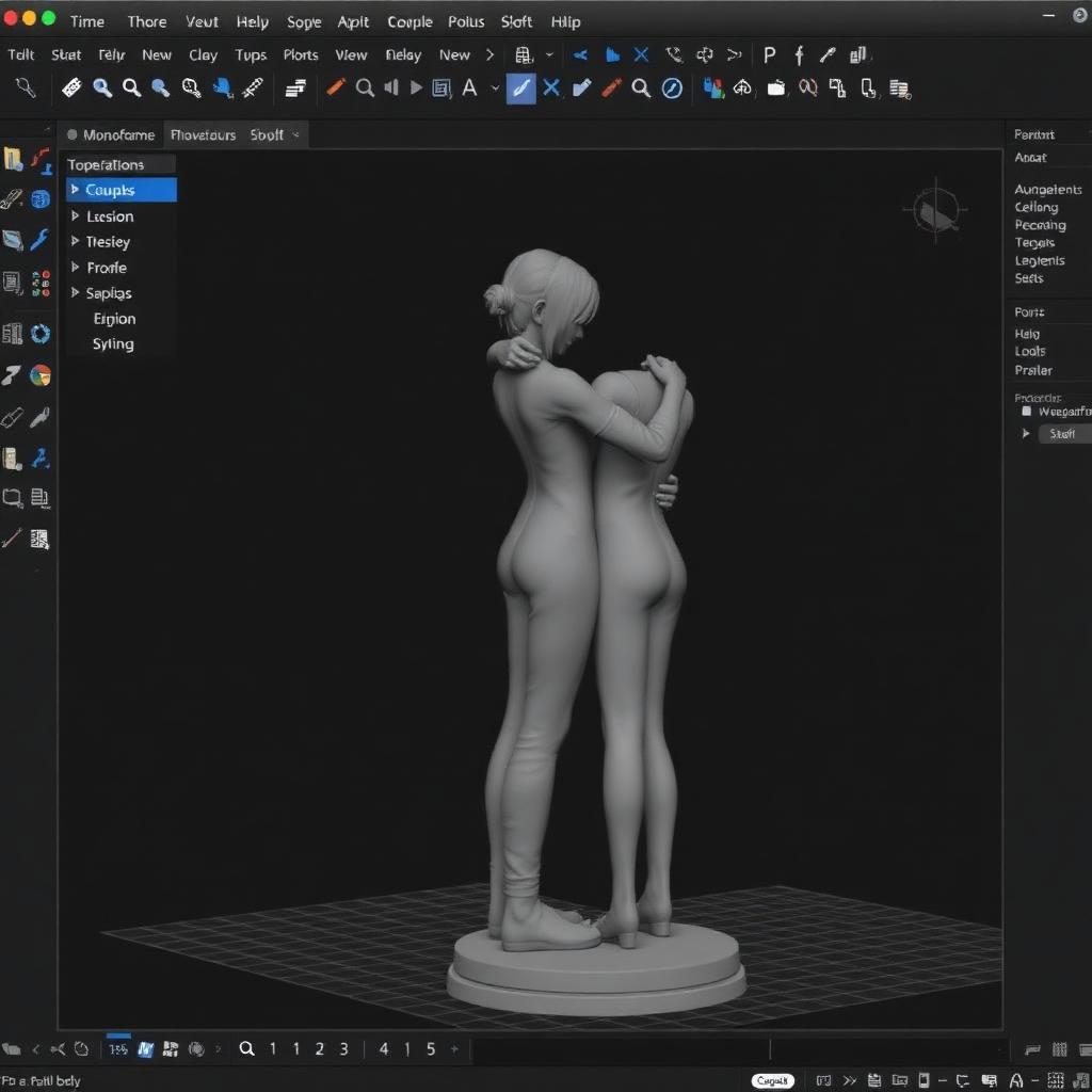 Tela do software de modelagem com a escultura 3D do casal em cinza monocromático